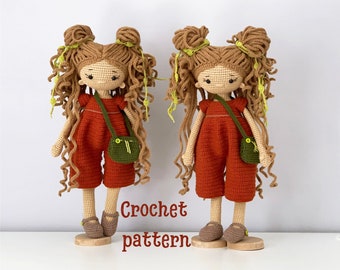 Crochet pattern,doll amigurumi, crochet doll, amigurumi pattern, curly girl, amigurumi toy, pattern doll,big crochet doll,doll in overalls