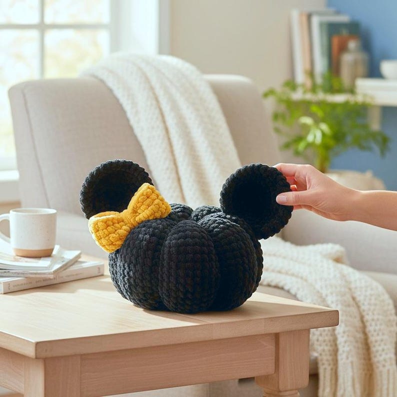 May include: A black crocheted pumpkin-shaped plush with two large round black ears and a bright yellow crocheted bow attached to the side. The plush features a soft, textured yarn construction with a segmented, rounded body and a plush bow.
