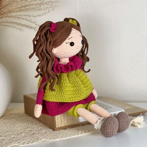 handmade doll, crochet doll, gift for girl, nursery decor, brown hair doll, decorative doll, soft toy, toddler-safe doll, amigurumi doll