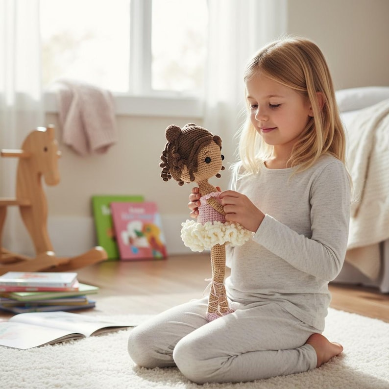 Puede incluir: Una mu&ntilde;eca de ganchillo con cabello casta&ntilde;o, un vestido rosa y un tut&uacute; blanco es sostenida por una persona. La mu&ntilde;eca tiene una cara detallada y lleva zapatillas de ballet. El fondo incluye una ventana, un caballito de madera y libros.