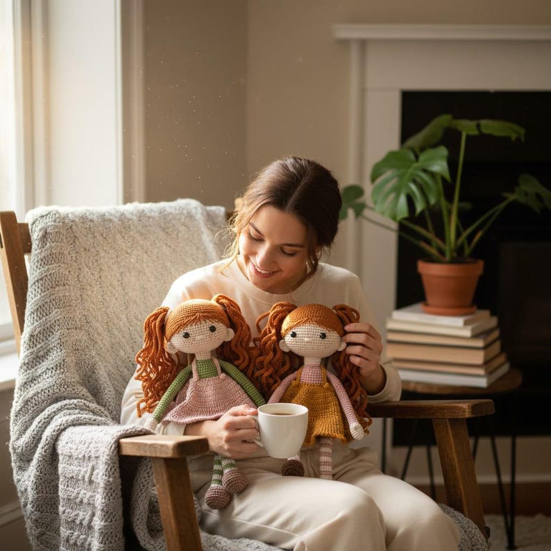 May include: Two handmade crochet dolls with red hair and dresses, one pink and one yellow, are held by a person sitting in a wooden chair. The dolls have stitched facial features and are wearing striped socks. A cup of coffee sits in the person's lap.