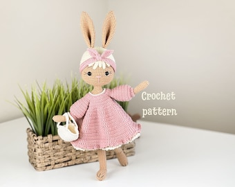 wzór króliczka na szydełku, króliczek amigurumi, króliczek wielkanocny, królik na szydełku, lalka króliczek na szydełku, zabawka króliczka w formacie PDF, króliczek na szydełku w sukience