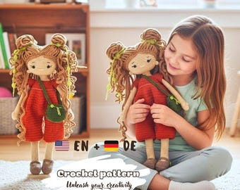 Crochet Doll Pattern PDF, Amigurumi Girl Doll with Long Hair