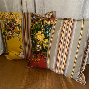 Pair of Upcycling cushions Flowers and stripes Hand embroidery Les Cousardes ®