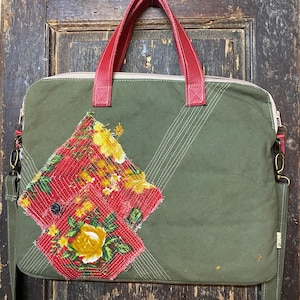 Porte-documents Attaché case toile armée US kaki, 16 pouces molletonné Upcycling, housse ordinateur, tissus anciens, Les Cousardes ®
