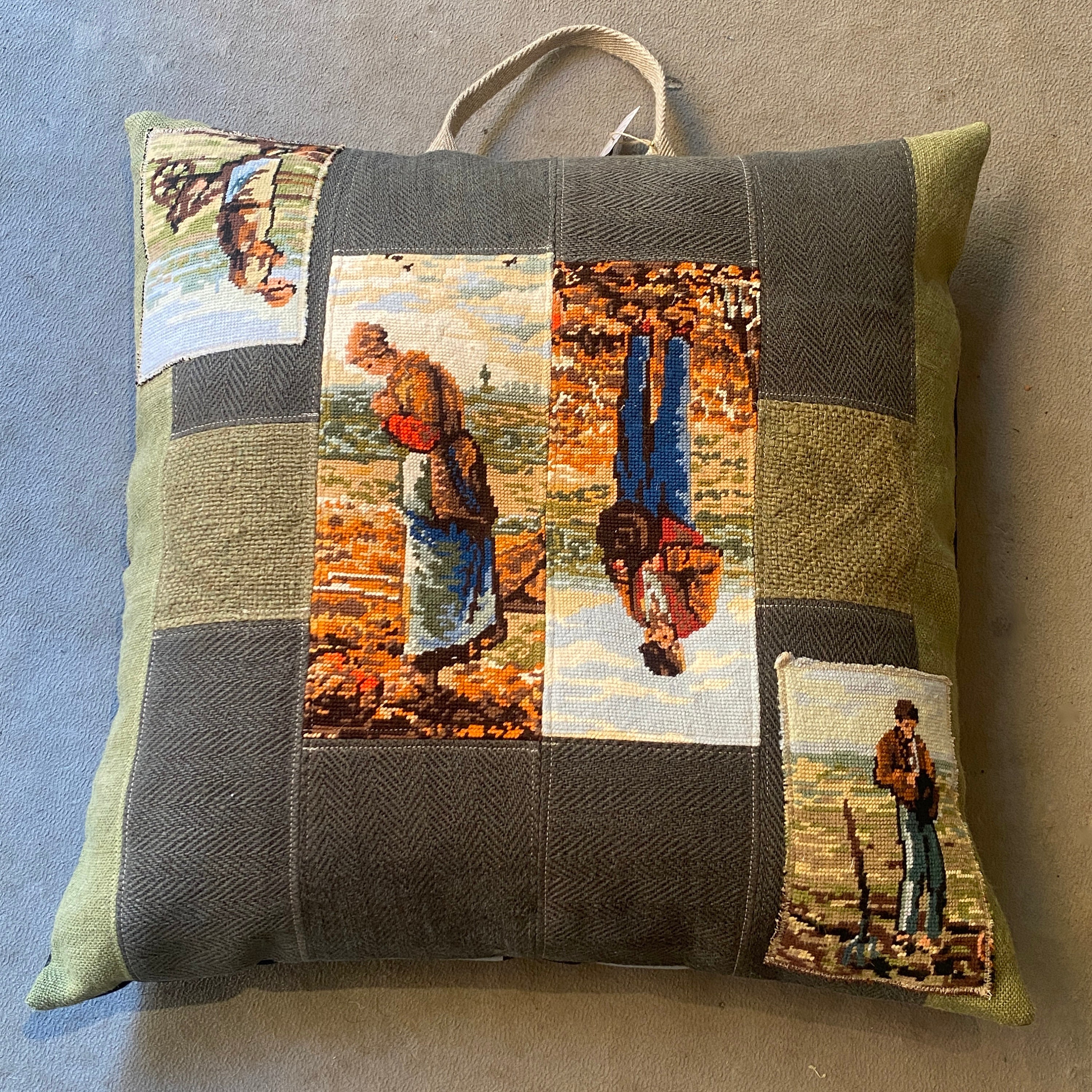 Coussin de Sol Artisanal L'angelus Millet - Canevas et Toile Jute Pièce Unique Upcycling Tapisserie/