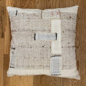 Old kilim style canvas cushion, square, removable blue brown applications - Upcycling Les Cousardes ®
