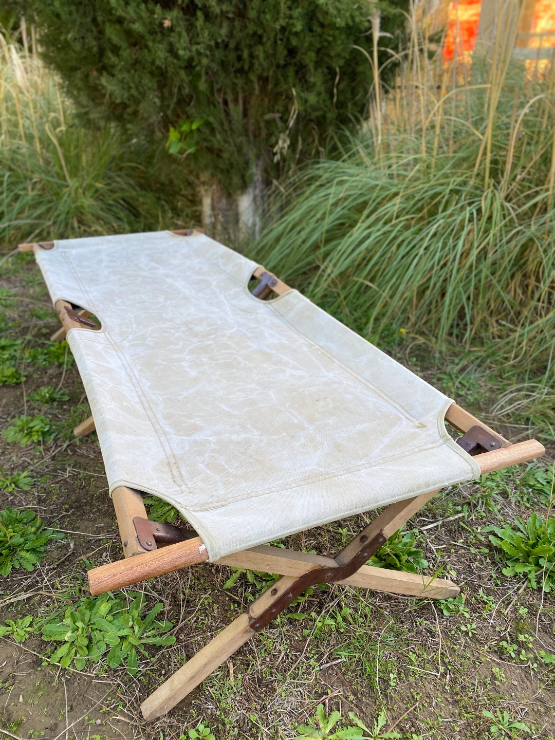 Original US Army Camp Bed Khaki, Picot Bed, Wooden Camp Bed, Foldable