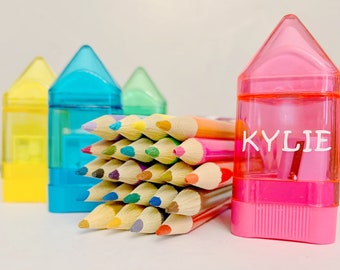 Personalized Pencil Sharpener with Mini Colored Pencils: Kids Party Favors