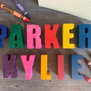 May include: The names "Parker" and "Kylie" spelled out in colorful crayon letters on a wooden surface. Crayons are also visible in the background.