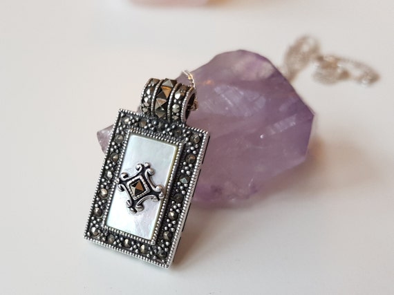 Vintage Marcasite & Mother of Pearl, Silver Pendan