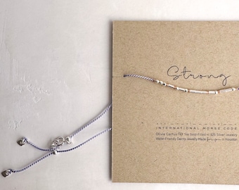 Custom Morse Code Necklace on Silk Cord, Sterling Silver Beads, Dainty Adjustable Choker