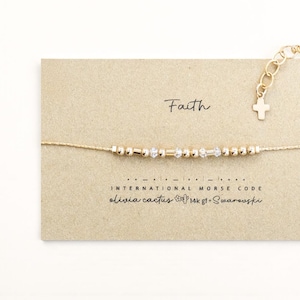 Gold Morse Code Bracelet, Tiny Cross Charm, Swarovski - Faith, Confirmation, Baptism Gift for Women