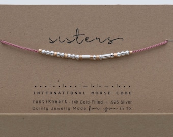 Sisters Pink Morse Code Bracelet • Sister Gift Bracelet  • Dainty Silver Beads • Water-Friendly • Adjustable • 20Colors • Word Options