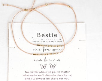 Morse Code Bestie Bracelet Set on a Custom Card w/ Butterflies or Request Any Custom icon and/or msg. Perfect Valentine’s Day Gift Idea