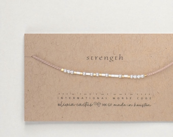 Morse Code Bracelet: Sterling Silver Beads, Strength on Pink or Custom Word, Color