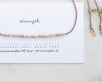 Morse Code Necklace on Cord, Custom Word, Gold Filled & Sterling Silver