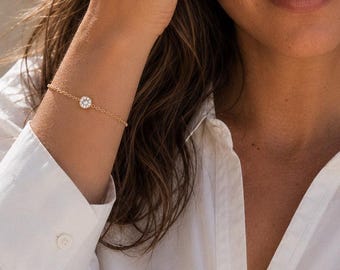 14k Gold Filled Diamond CZ Bracelet, Dainty Solitaire, Layering Bracelet, Bridesmaid Gift