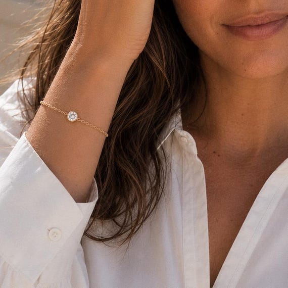 14k Gold Filled Diamond CZ Bracelet, Dainty Solitaire, Layering Bracelet, Bridesmaid Gift