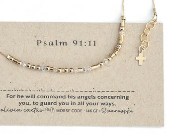 Psalm 91:11 Morse Code Bracelet, Gold Chain + Swarovski, Tiny Cross Charm, Angel Gift