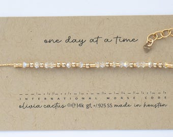 Morse Code Swarovski Bracelet, Graduation Gift, One Day at a Time Hidden Message, 14K GF