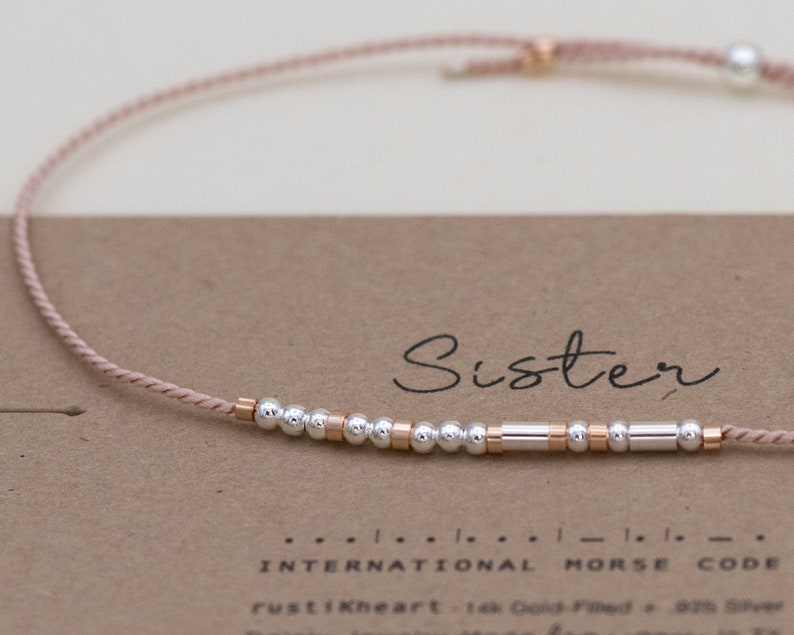 Sister Morse Code Bracelet • Sister Gift Bracelet Best Friends • Dainty Silver Beads • Water-Friendly • Adjustable • 20Colors • Word Options 