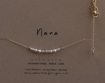 Nana Silver on GoldMorse Code Necklace Sister Necklace nana in Morse Code Sterling Silver and Gold Filled Custom personalized gift