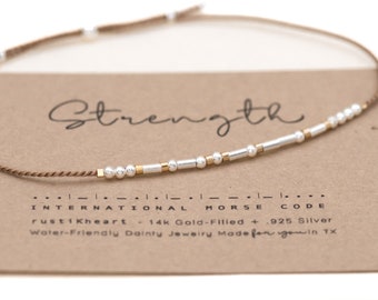 Strength Morse Code Bracelet or CUSTOM Morse Code Silver Bracelet. Encouragement Gift as Get Well, Affirmation, for Grief, Motivation