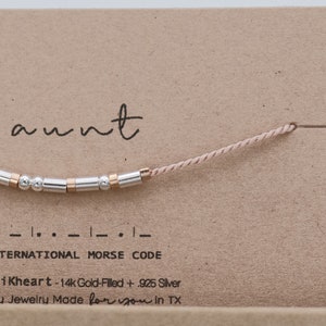 Aunt Morse Code Bracelet. Ships Out Nxt Day. Popular Gift for Aunts and Other Word Options. 20 Colors, Water-Friendly Silver on Silk