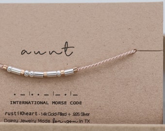 Aunt Morse Code Bracelet or Other Word Options. Popular Gift for Aunts and Others. 20 Color Options, Water-Friendly Sterling Silver on Silk
