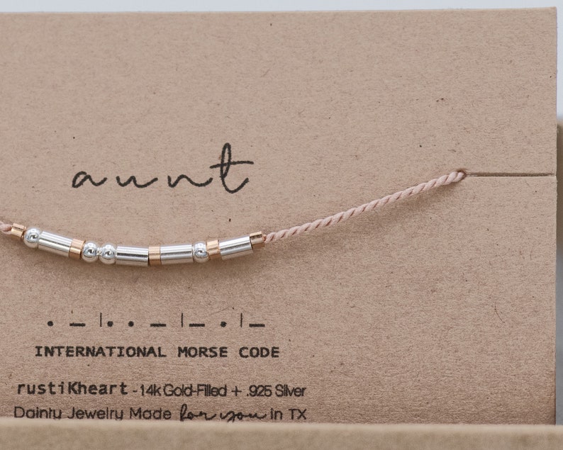 Aunt Morse Code Bracelet. Ships Out Nxt Day. Popular Gift for Aunts and Other Word Options. 20 Colors, Water-Friendly Silver on Silk image 1