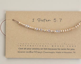 1 Peter 5:7 Morse Code, Christian Anxiety Relief Gift. Bible Verse 14KGF, Swarovski Bracelet