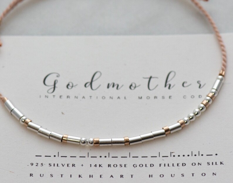 Godmother Gift • Godmother Bracelet | Morse Code Bracelet | Tan Silver String God Mother in Morse Code Gift Bracelet Silver 