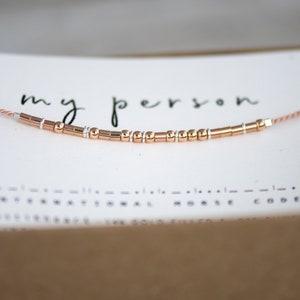 Rose Gold & Tiny Silver Spacers Dainty Morse Code Bracelet on Pink or Any Cord. My Person or Any for Best Friend Friends Gifts