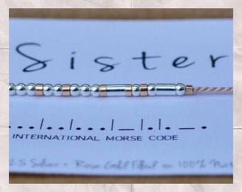 Sister Bracelet / Morse Code Bracelet / Friendship Bracelet / String Bracelet /Sterling Silver Rose Gold Gift Bracelet / Sister Gift