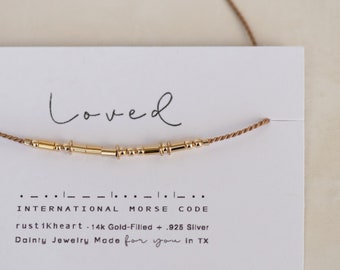 Loved Morse Code Bracelet with Gold Filled Beads and Hoop Spacers. All 14K Goldfilled + Water Friendly for Every Day. Other Word Options