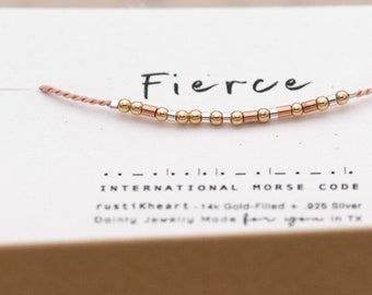 Fierce Morse Code Bracelet Color Any Color or Other Words Options Cord Morse Code Jewelry 14k Gold Filled - Water Friendly