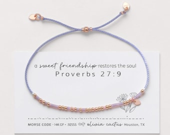 Bible Verse Morse Code Bracelet, Rose Gold Hearts, Lilac Cord, Custom Scripture, Christian Gift