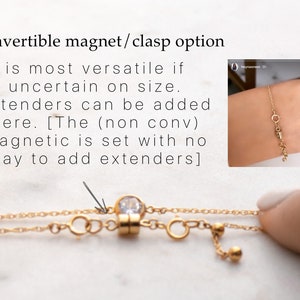 May include: A gold-toned chain bracelet featuring a central clear round gemstone, a magnetic clasp, and an adjustable extender chain. The text reads: convertible magnet/clasp option is most versatile if uncertain on size. Extenders can be added here.