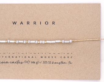 Clasped Morse Code Bracelet on Gold Chain. Warrior or Any Custom Word with Silver Beads and Gold Spacers.