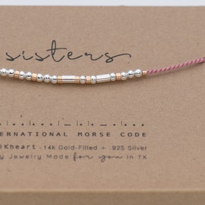 Sisters Morse Code Bracelet: Sterling Silver Beads, Pink Cord