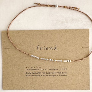 Friend Morse Code Bracelet or CUSTOM Morse Code Silver Bracelet on Cord, Get Well, Be Strong, Thinking of You. Adjustable & Personalized.