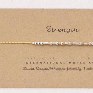 Silver on Gold Chain Strength Morse Code Bracelet. Strength or Any Custom Word For a Personalized Encouragement Gift.