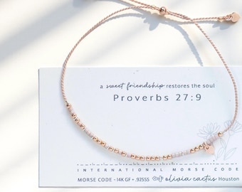 Proverbs 27:9 Morse Code Bracelet with Rose Gold Hearts. Friendship, Sister in Christ, Custom