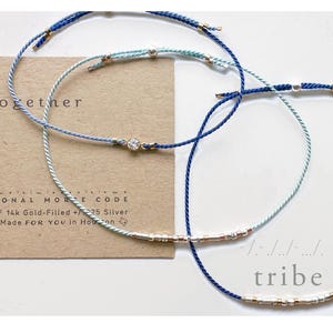 Stunning Sparkle Custom Silver Beads Dainty Morse Code Bracelet w/ Rose Gold Spacers. Spell Tribe on Blue String or Any Color + Personalize