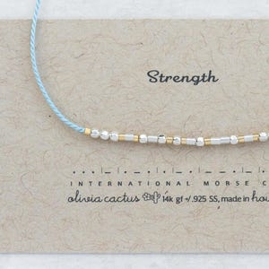 Silver Faceted + Gold Bracelet Spelling Strength or Any Word in Morse Code. On Light Blue Cord or Any Color on Card + Ready to Gift with Bow
