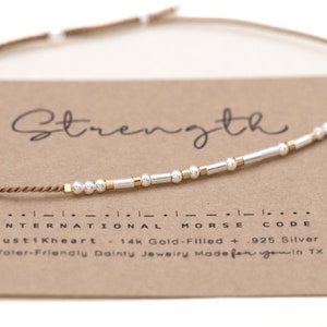 Strength Morse Code Bracelet, Ships Out Nxt Day. Strength or Other Words in Morse, Silver Beads, Water-Friendly Top Affirmation Gifts