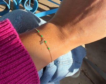 Gold Cross Charm Bracelet with Green Accents, Graduation Gift for Her, Baptism First Communion