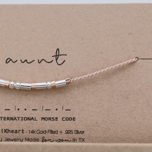 Silver Customizable Adjustable Bracelet w/ Rose Gold Separating Morse Code. Aunt, Auntie, or Any Word for Personalized Gift to Aunts or Fam