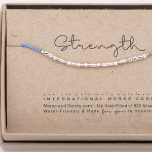 Silver Faceted + Gold Bracelet Spelling Strength or Any Word in Morse Code. On a Blue String or Any Color on Card + Box Ready to Gift